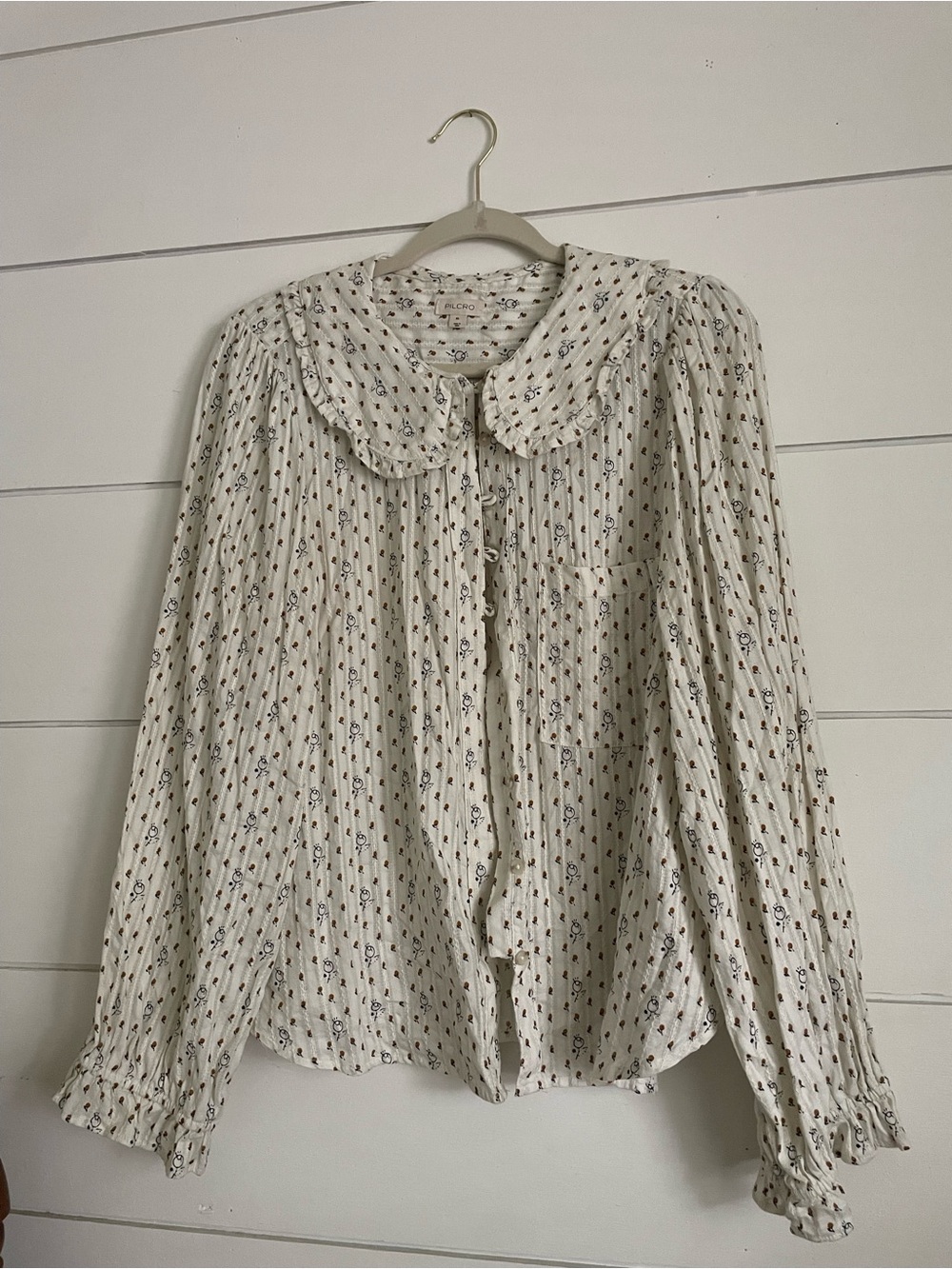 Pilcro Cream Blouse with Tiny Floral Print and Peter Pan Collar